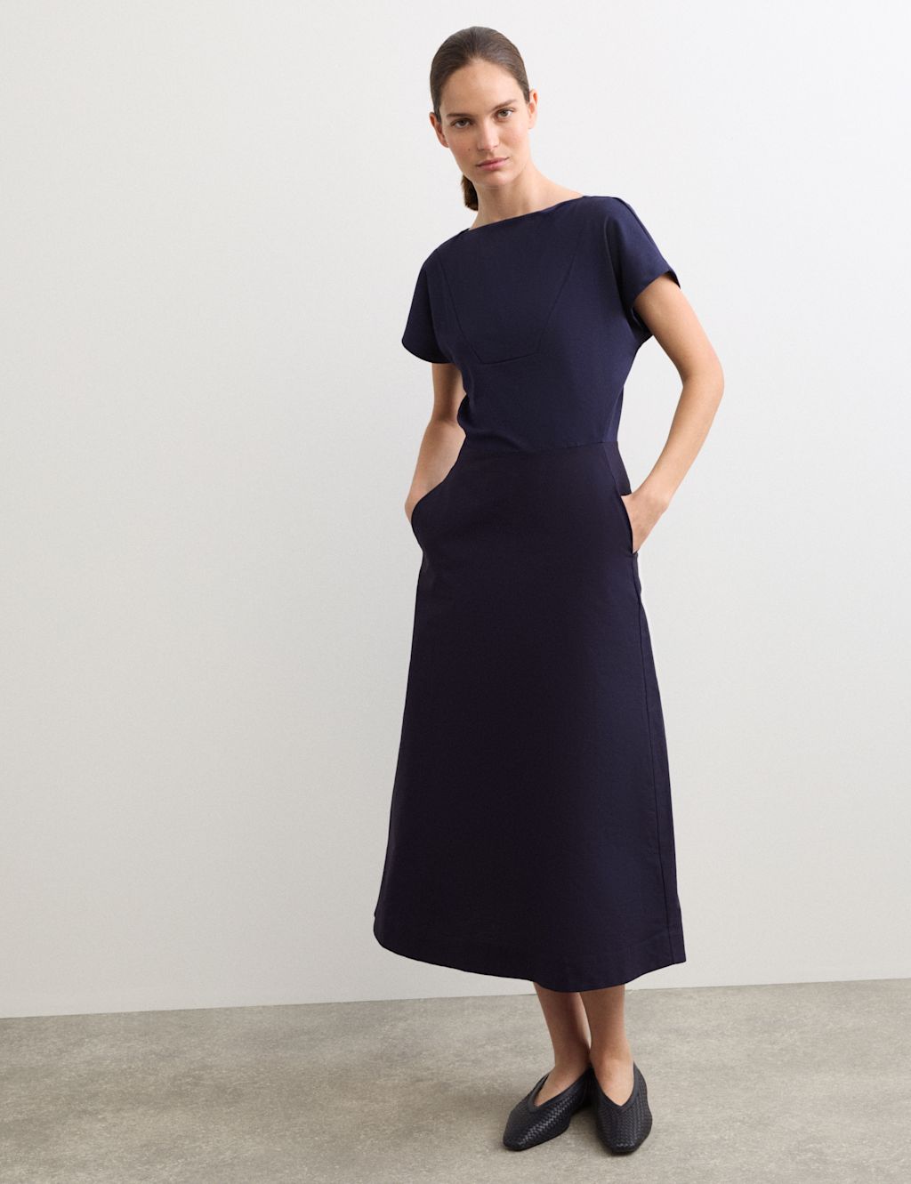 JAEGER  Cotton Modal Jersey Woven Midi Dress - 10 - Navy, Navy