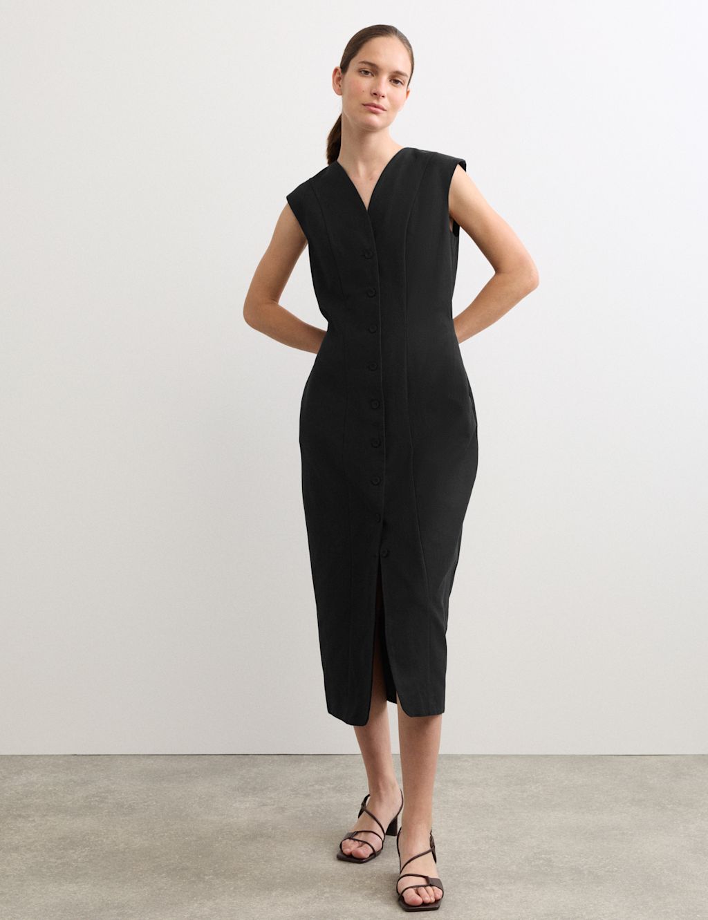 JAEGER  Cotton Blend V-Neck Midaxi Column Dress - 10 - Black, Black