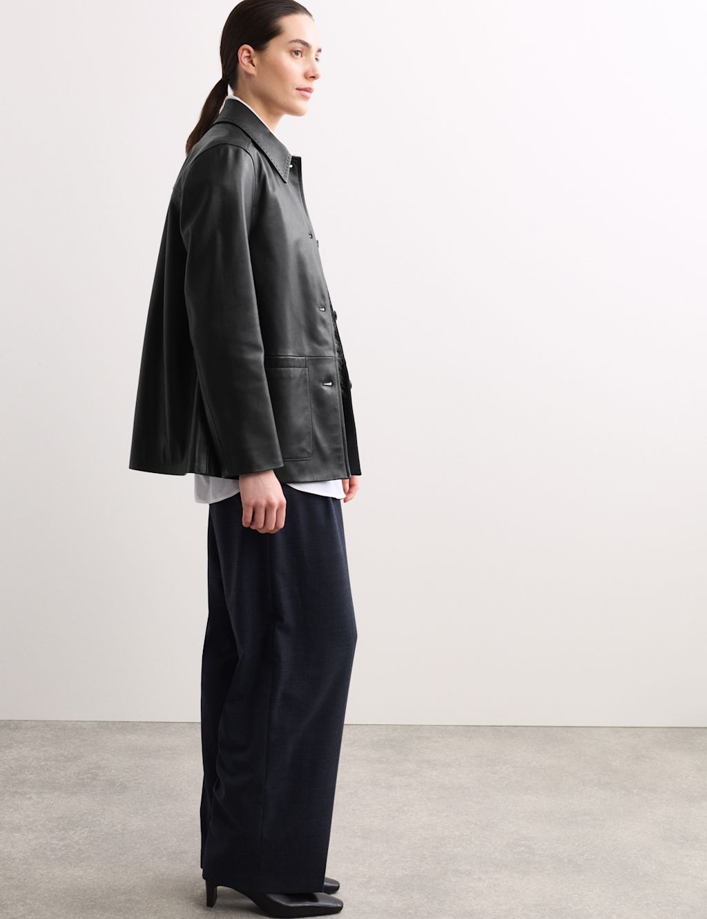JAEGER  Leather Collared Jacket - 10 - Black, Black