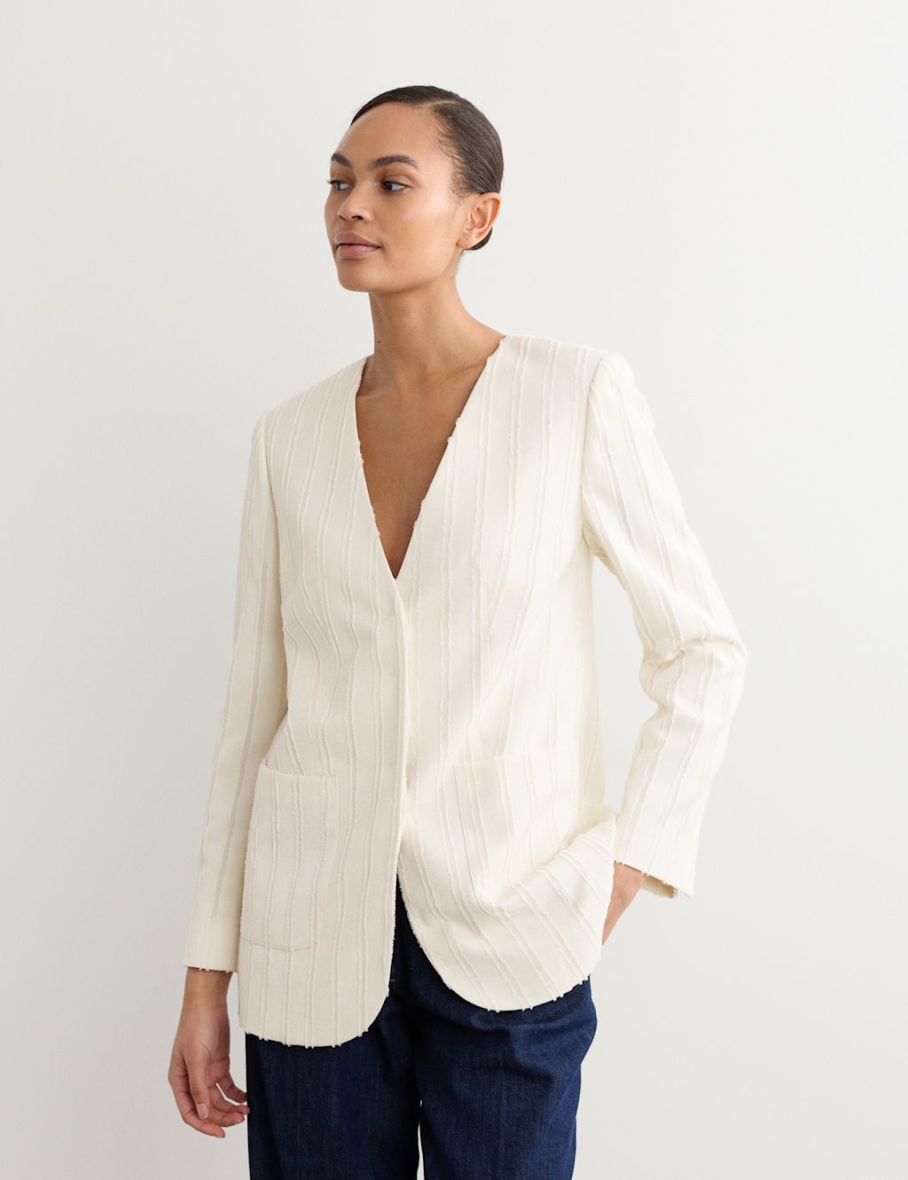 JAEGER  Jacquard Textured Jacket - 10 - Ivory, Ivory