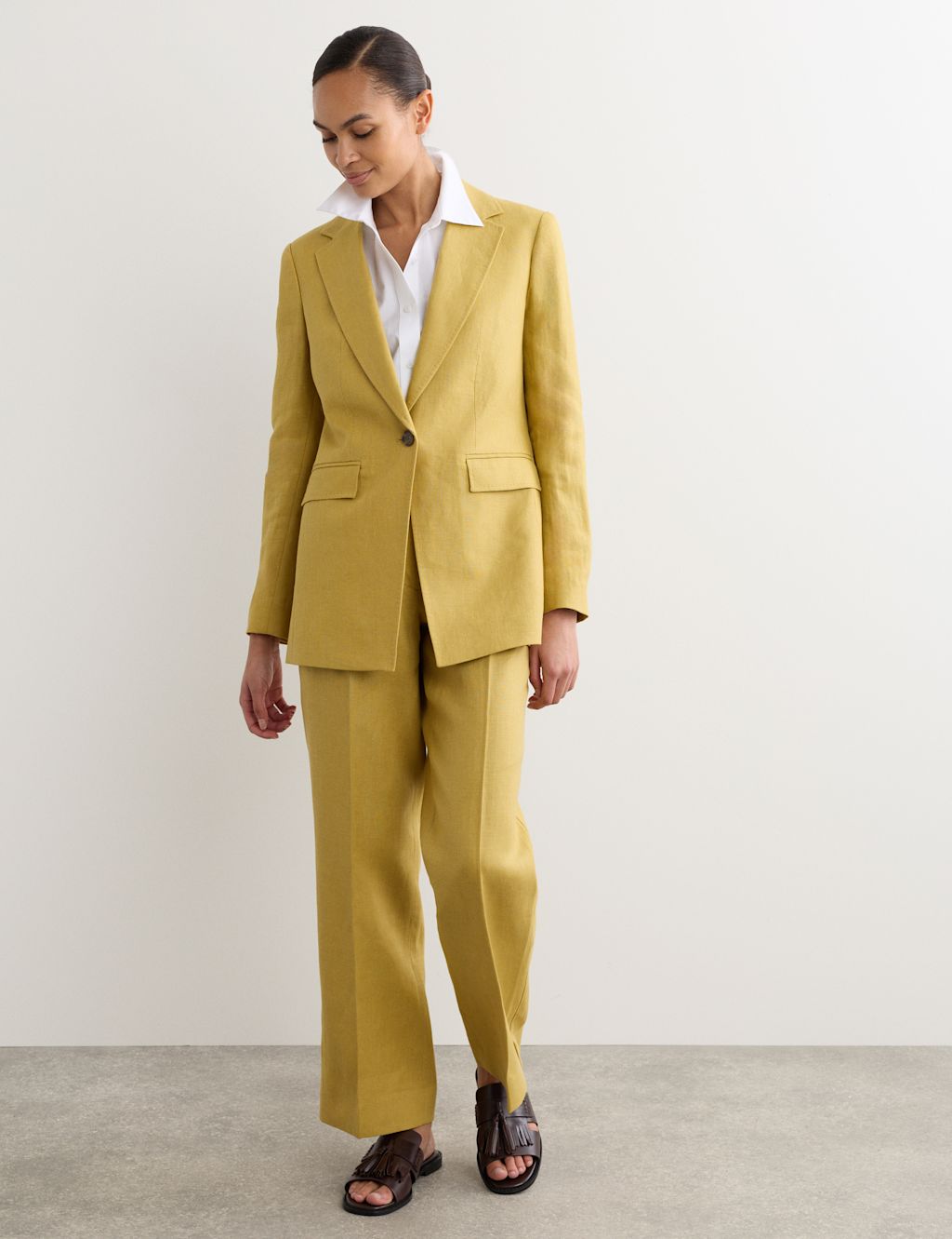 JAEGER  Pure Linen Longline Single Breasted Blazer - 20 - Antique Gold, Antique Gold