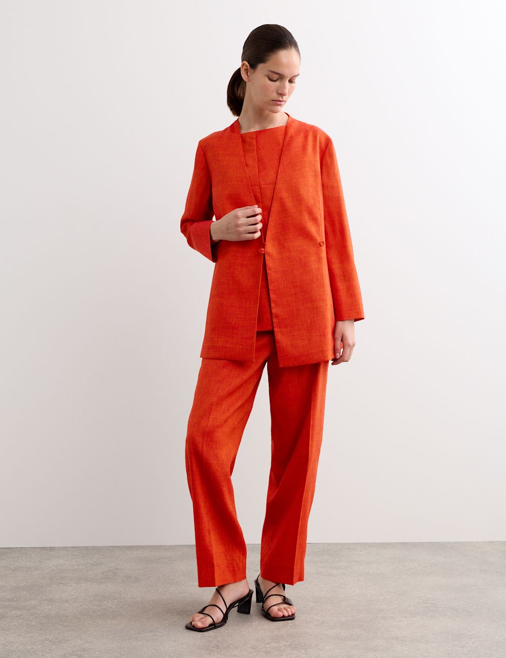 JAEGER  Linen Rich Colarless Longline Jacket - 10 - Tangerine, Tangerine