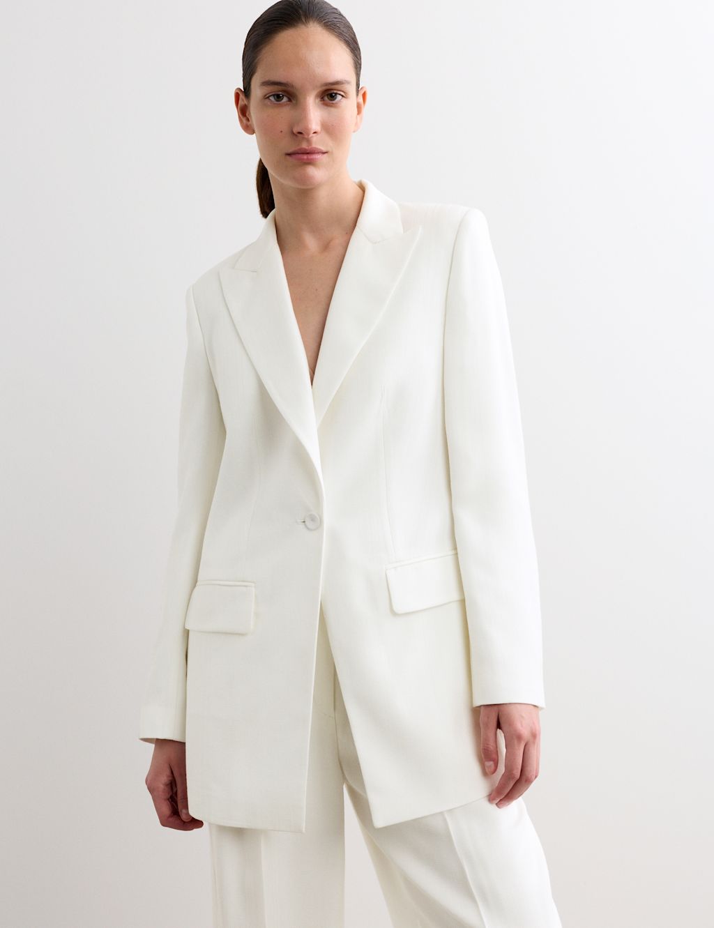 JAEGER  Tailored Basketweave Single Breasted Longline Jacket - 10 - Ivory, Ivory
