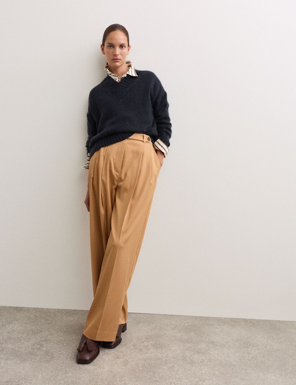 JAEGER  Twill Pleat Front Straight Leg Trousers - 10 - Light Honey, Light Honey