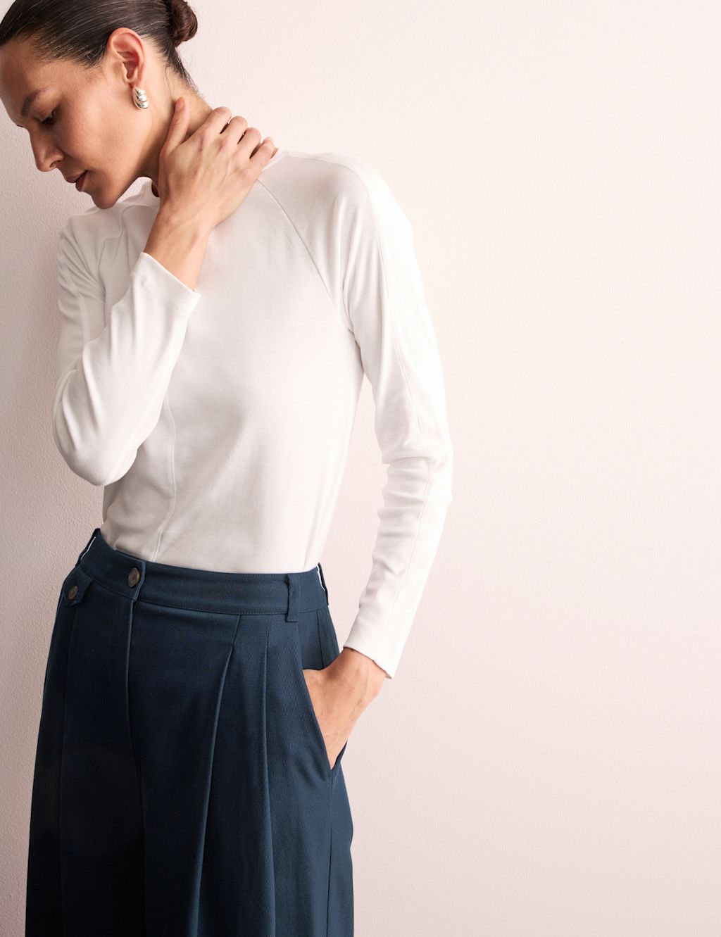 JAEGER  Cotton Rich Wide Leg Trousers with Linen - 10 - Navy, Navy