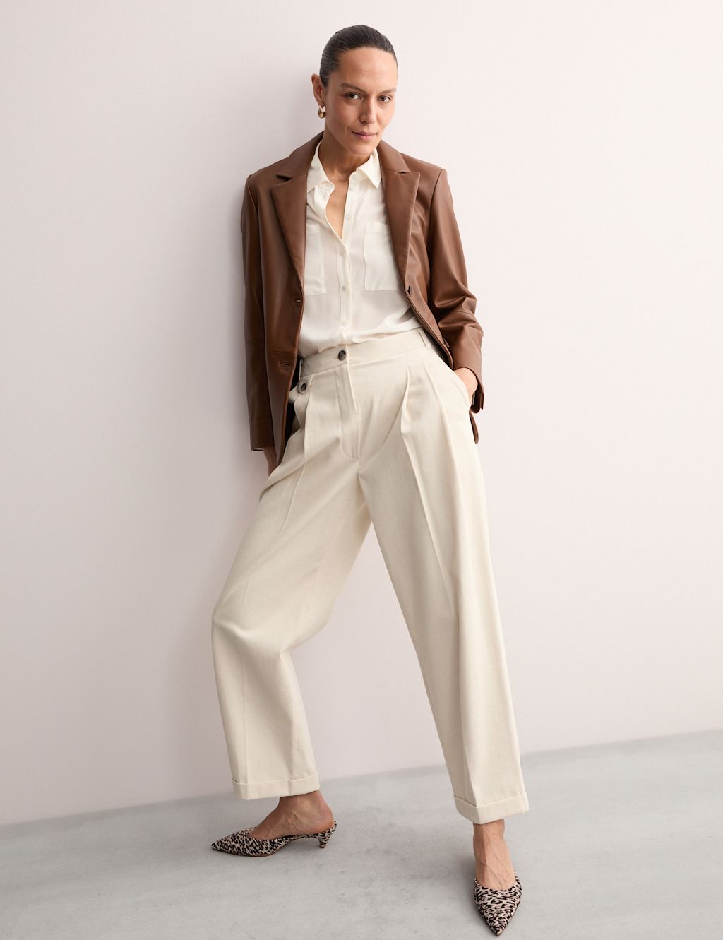 JAEGER  Cotton Rich Wide Leg Trousers with Linen - 10 - Ivory, Ivory
