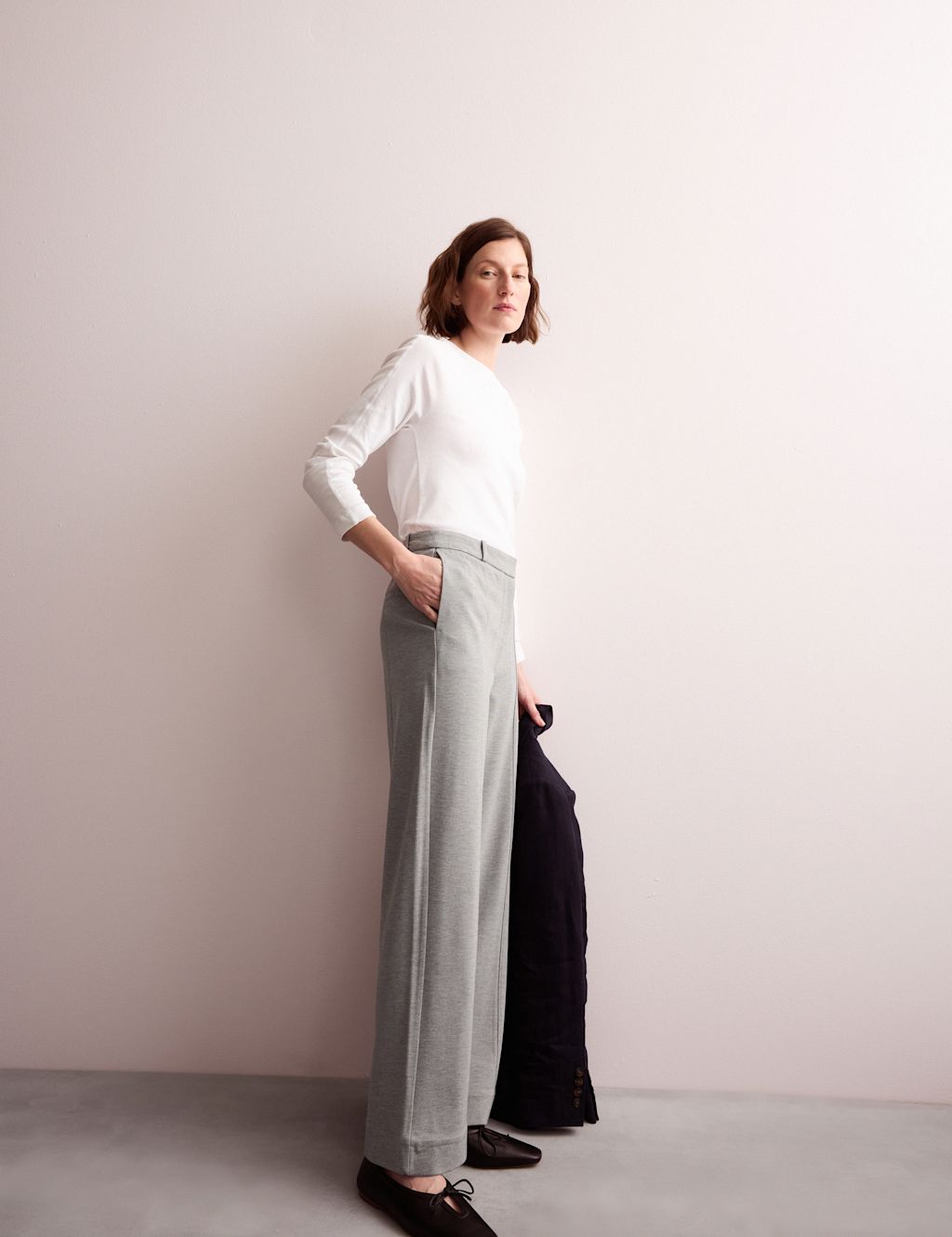 JAEGER  Jersey Wide Leg Trousers - 14 - Grey, Grey
