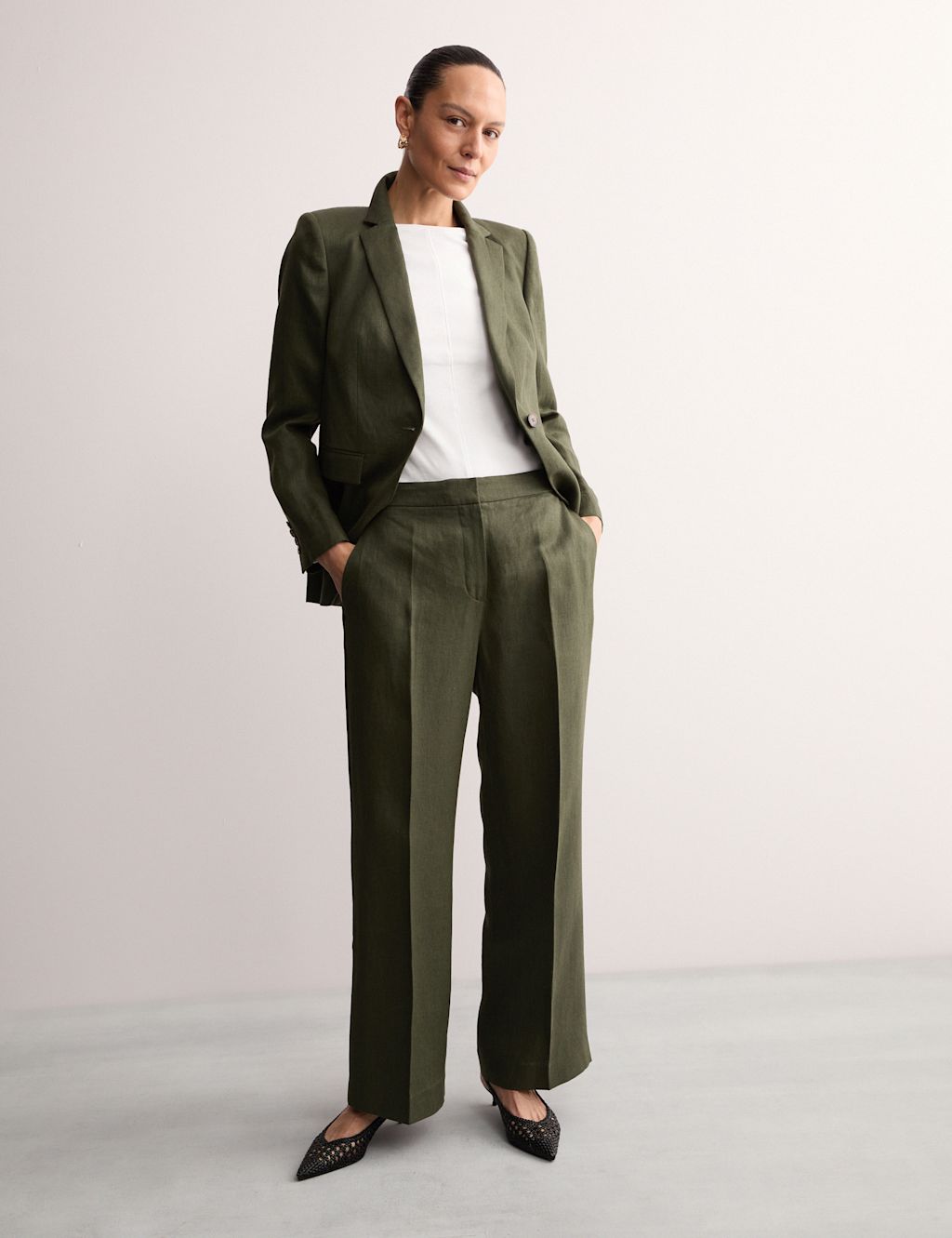 JAEGER  Pure Linen Straight Leg Trousers - 12 - Olive, Olive