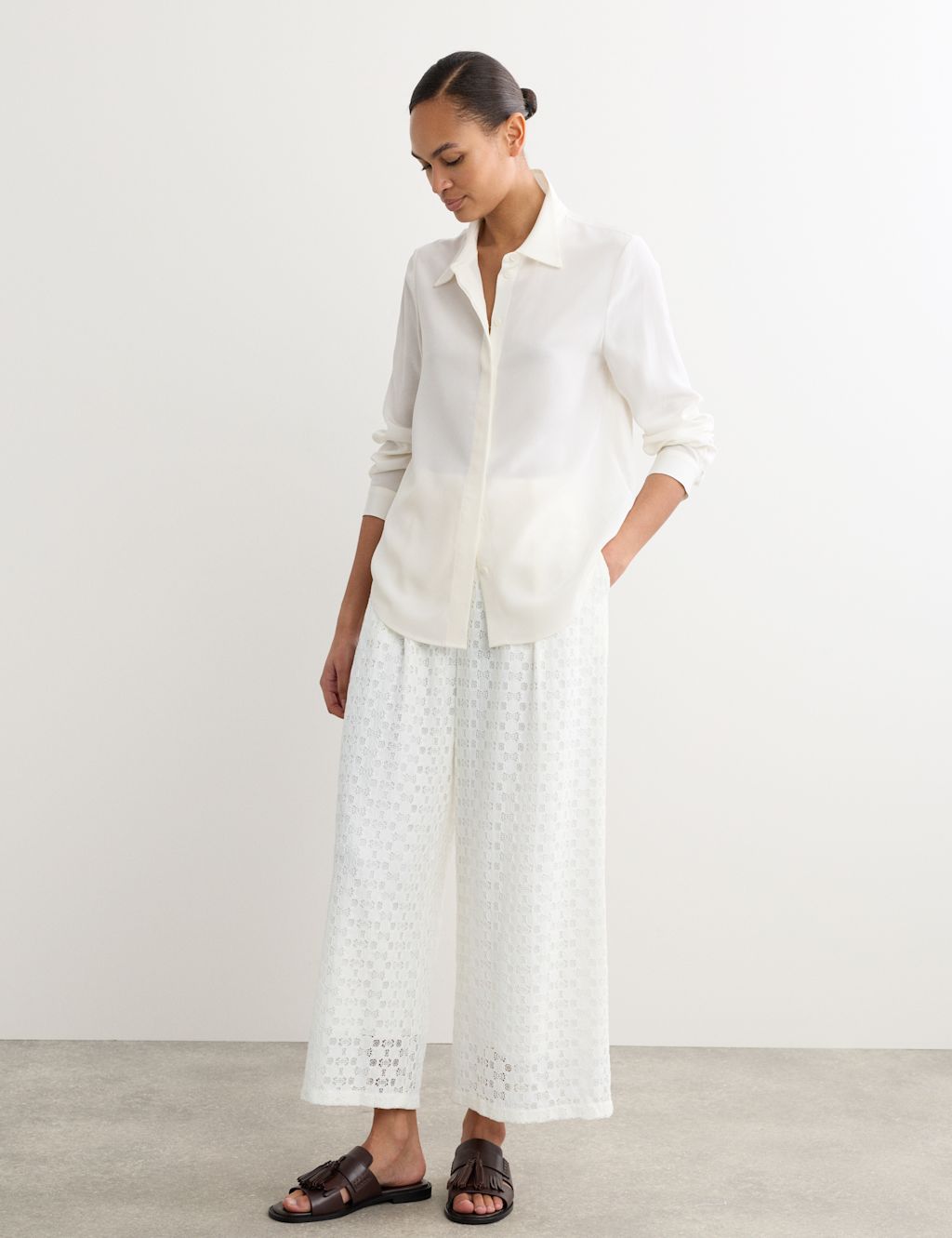 JAEGER  Cotton Blend Lace Straight Leg Trousers - 10 - Ivory, Ivory