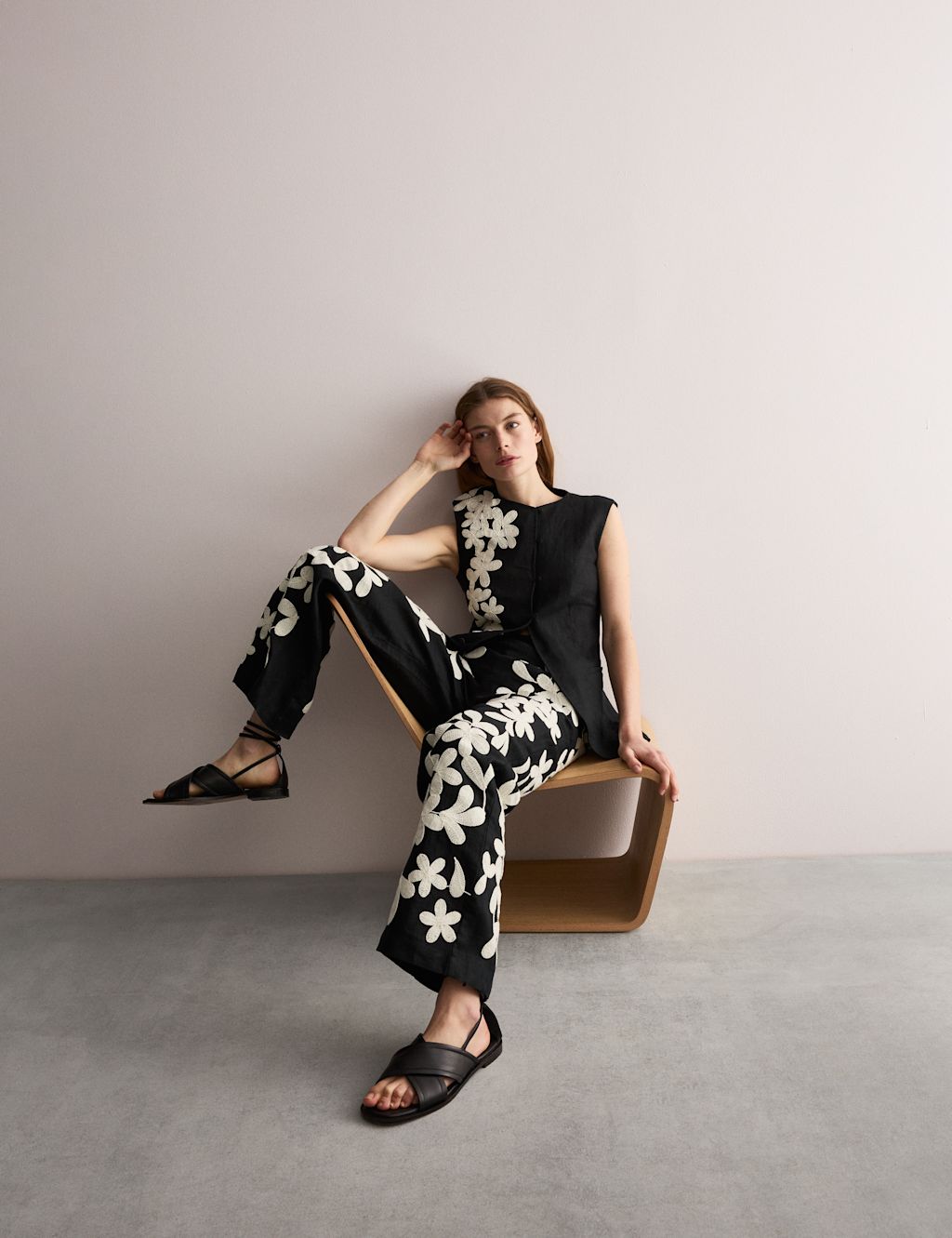 JAEGER  Pure Linen Embroidered Wide Leg Trousers - 10 - Black Mix, Black Mix