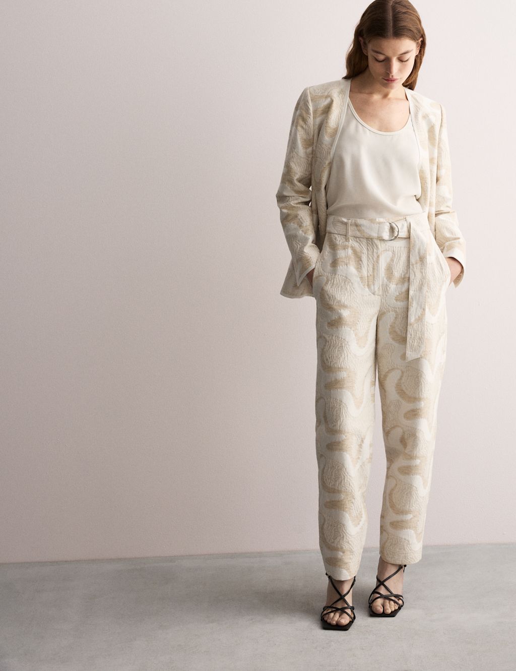 JAEGER  Cotton Rich Jacquard Belted Tapered Trousers - 14 - Beige Mix, Beige Mix