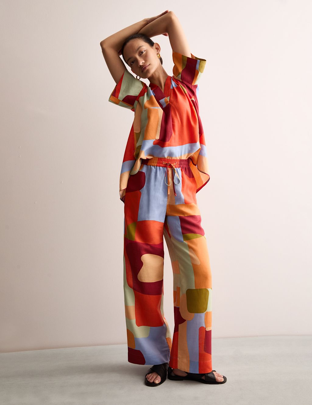 JAEGER  Linen Rich Printed Wide Leg Trousers - 10 - Multi, Multi