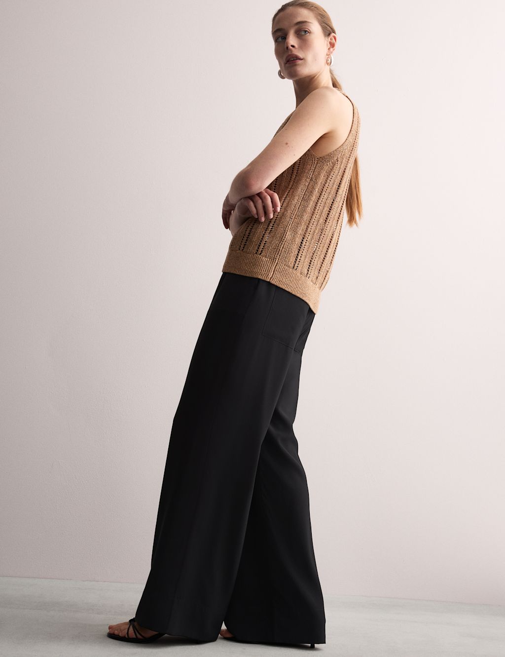 JAEGER  Pure Silk Wide Leg Trousers - 10 - Black, Black