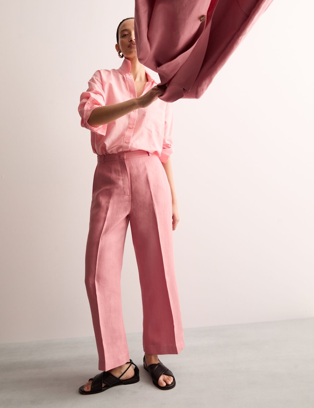 JAEGER  Pure Linen Wide Leg Trousers - 10 - Pink, Pink
