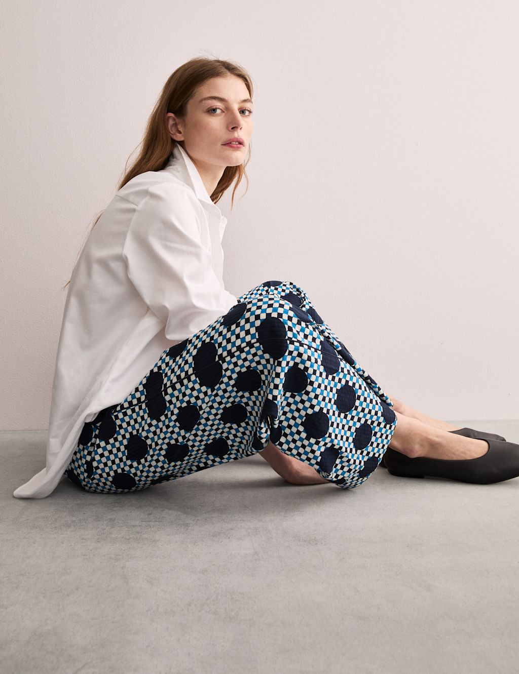 JAEGER  Cotton Blend Gingham Spot Wide Leg Trousers - 10 - Navy Mix, Navy Mix