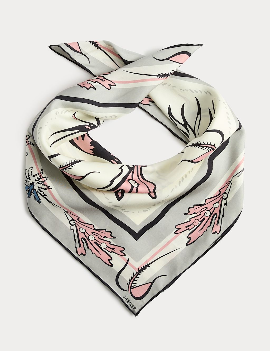 JAEGER  Pure Silk Sea Floral Check Square Scarf - Ivory Mix, Ivory Mix