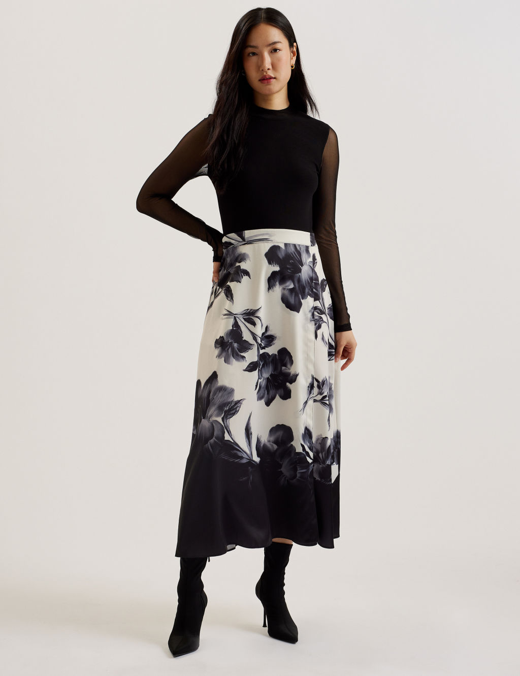 Ted Baker Mesh Floral Midi Waisted Dress - 6 - Black, Black