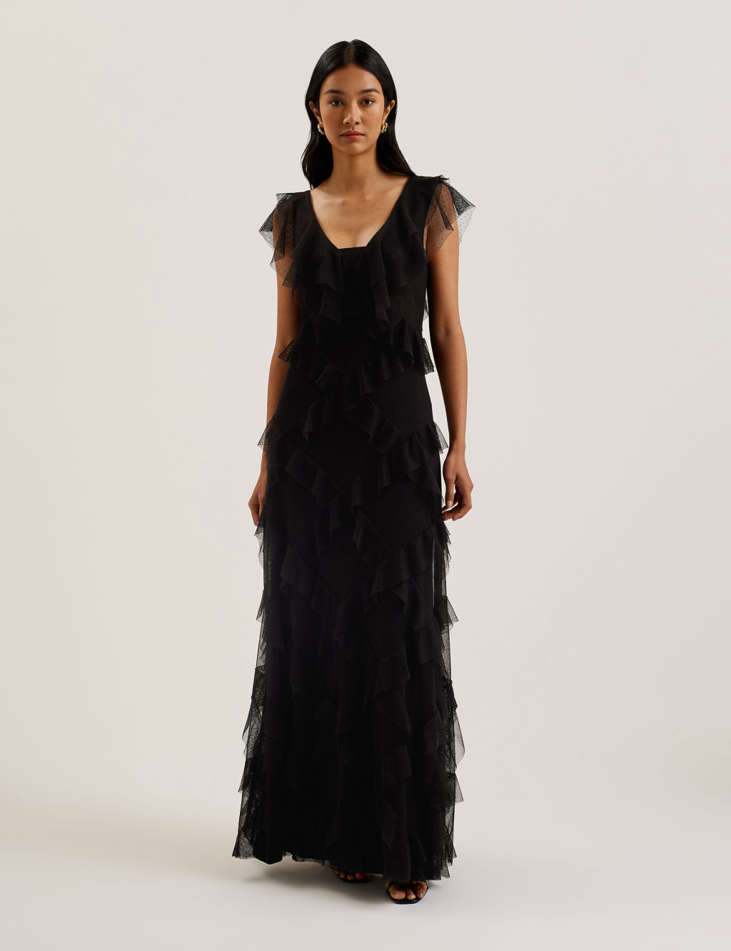 Ted Baker Mesh Ruffle Maxi Dress - 12 - Black, Black