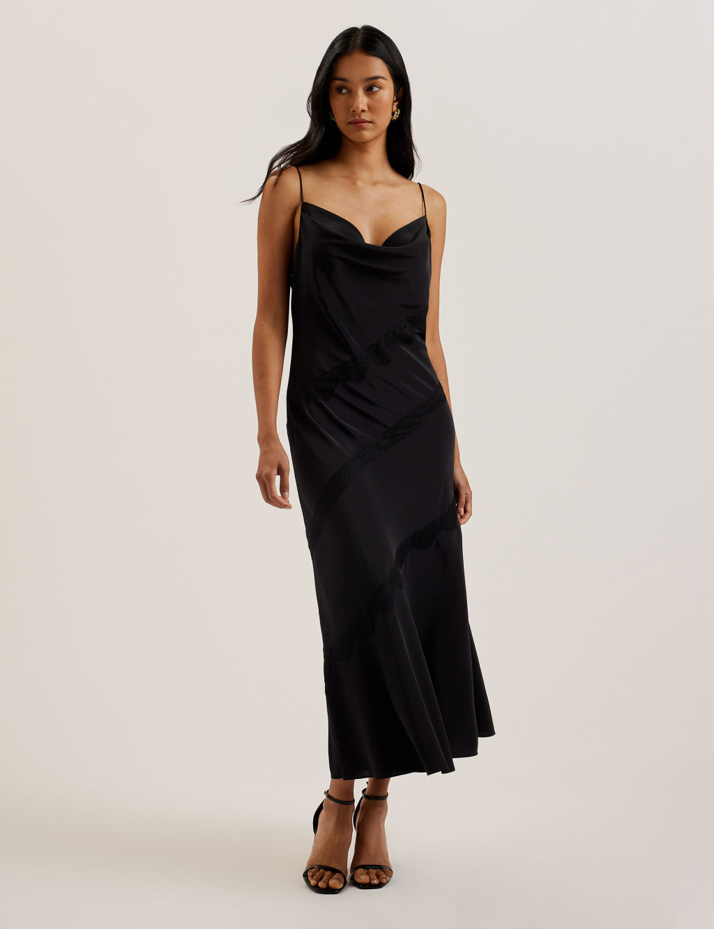 Ted Baker Cowl Neck Lace Insert Midaxi Slip Dress - 10 - Black, Black