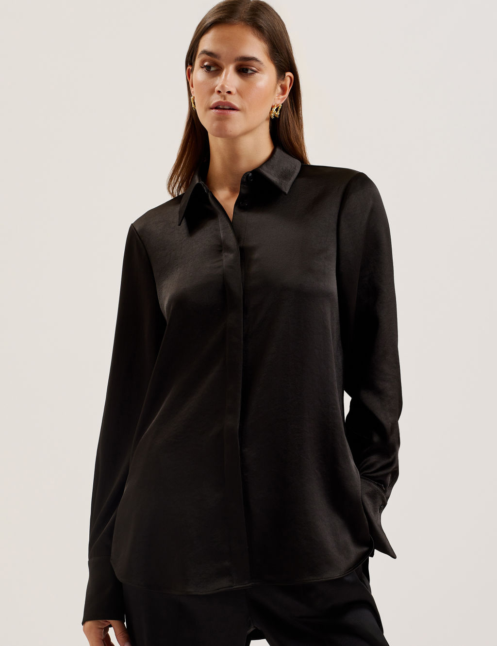 Ted Baker Satin Collared Longline Shirt - 10 - Black, Black