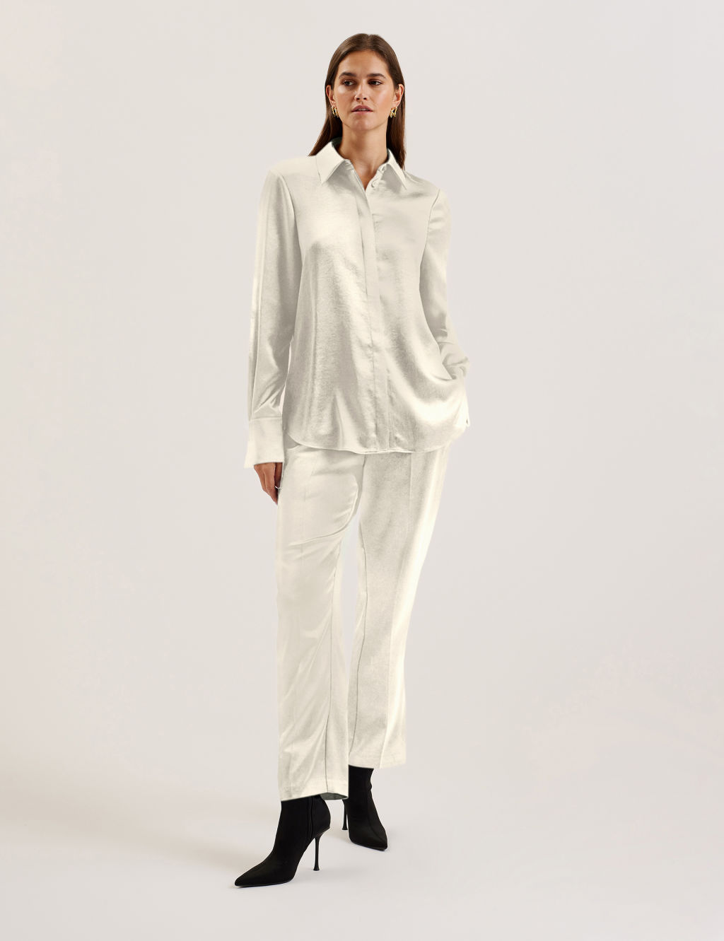 Ted Baker Satin Collared Longline Shirt - 10 - White, White