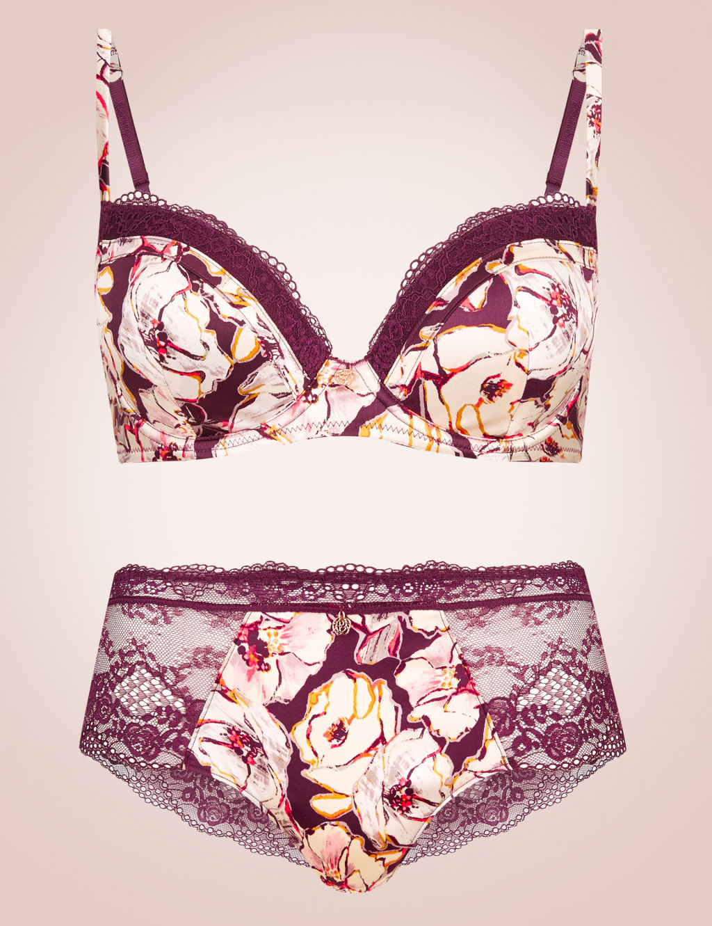 Silk & Lace Floral Print Set with Padded Balcony A-E 1 of 7