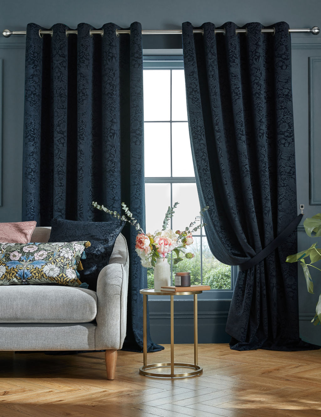 Velvet Strawberry Thief Eyelet Curtains