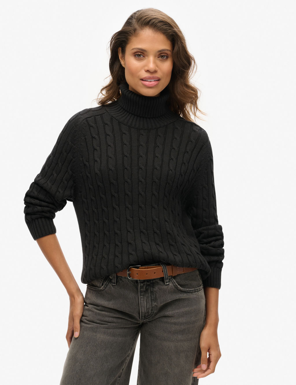 Pure Cotton Cable Knit Roll Neck Jumper