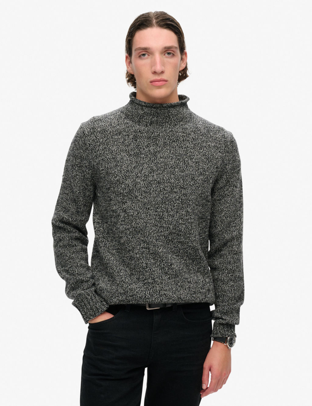 Cotton Blend High Neck Jumper with Wool