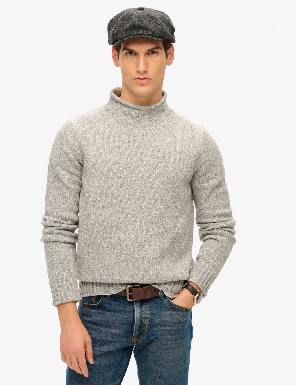Cotton Blend High Neck Jumper with Wool