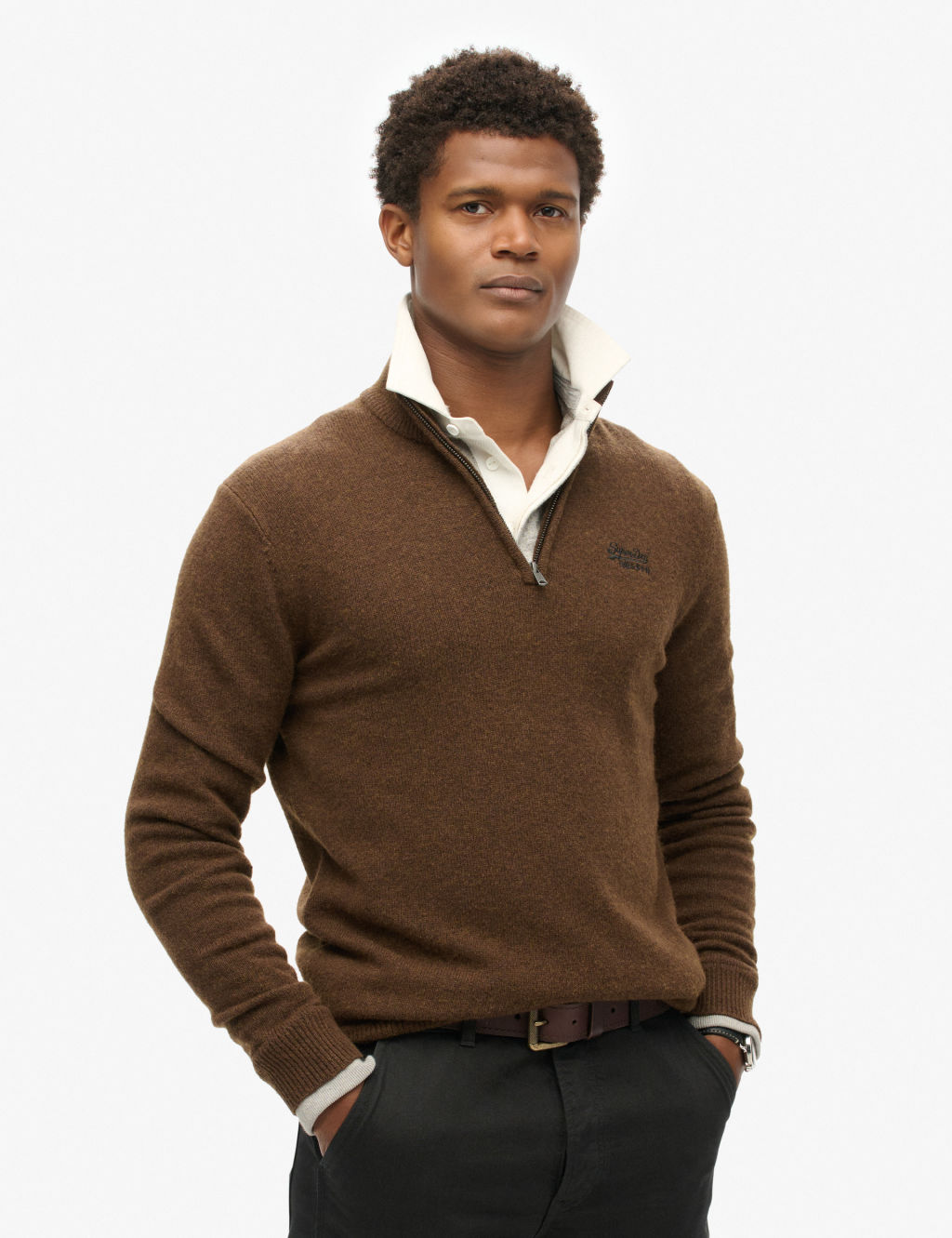 Wool Blend Cable V-Neck Half Zip Jumper