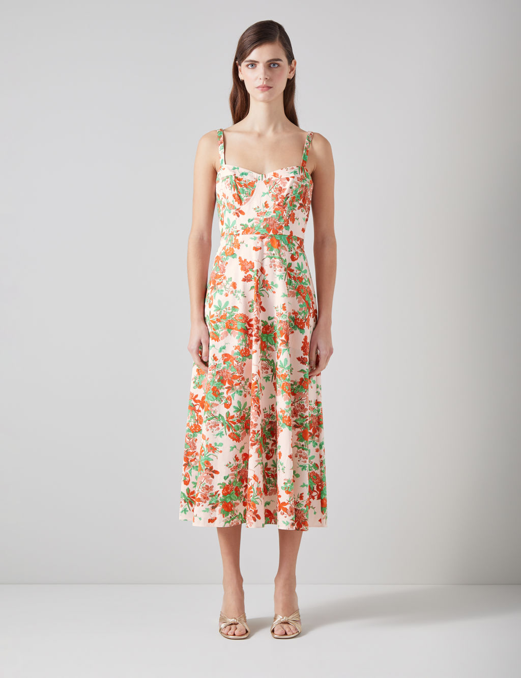 Pure Cotton Floral Sweetheart Neckline Midi Skater Dress