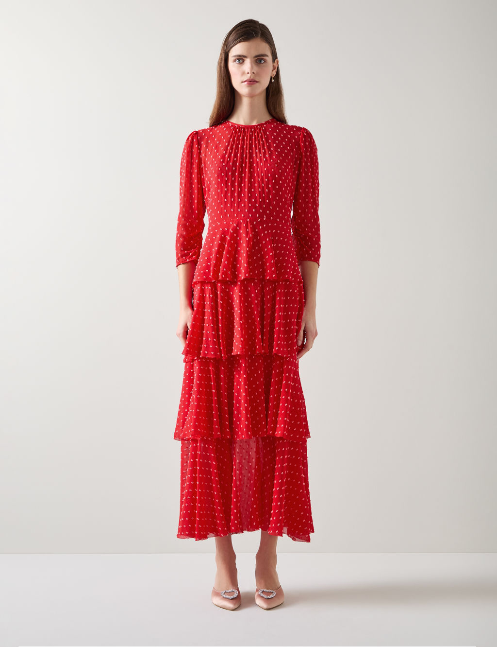 Textured Polka Dot Ruffle Maxi Tiered Dress 3 of 4