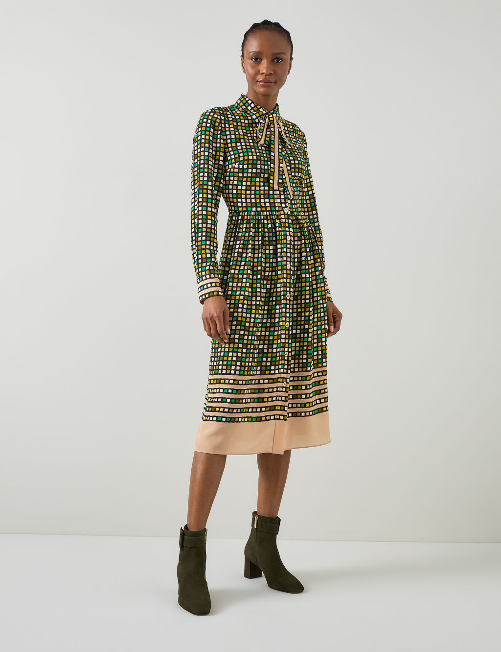 Pure Silk Geometric Tie Neck Shirt Dress