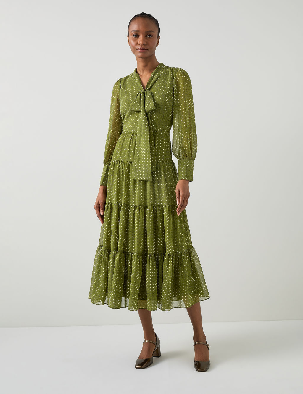 Polka Dot Tie Neck Midi Tiered Dress