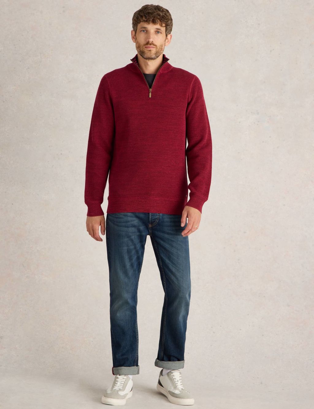 Pure Cotton Textured Half Zip Jumper