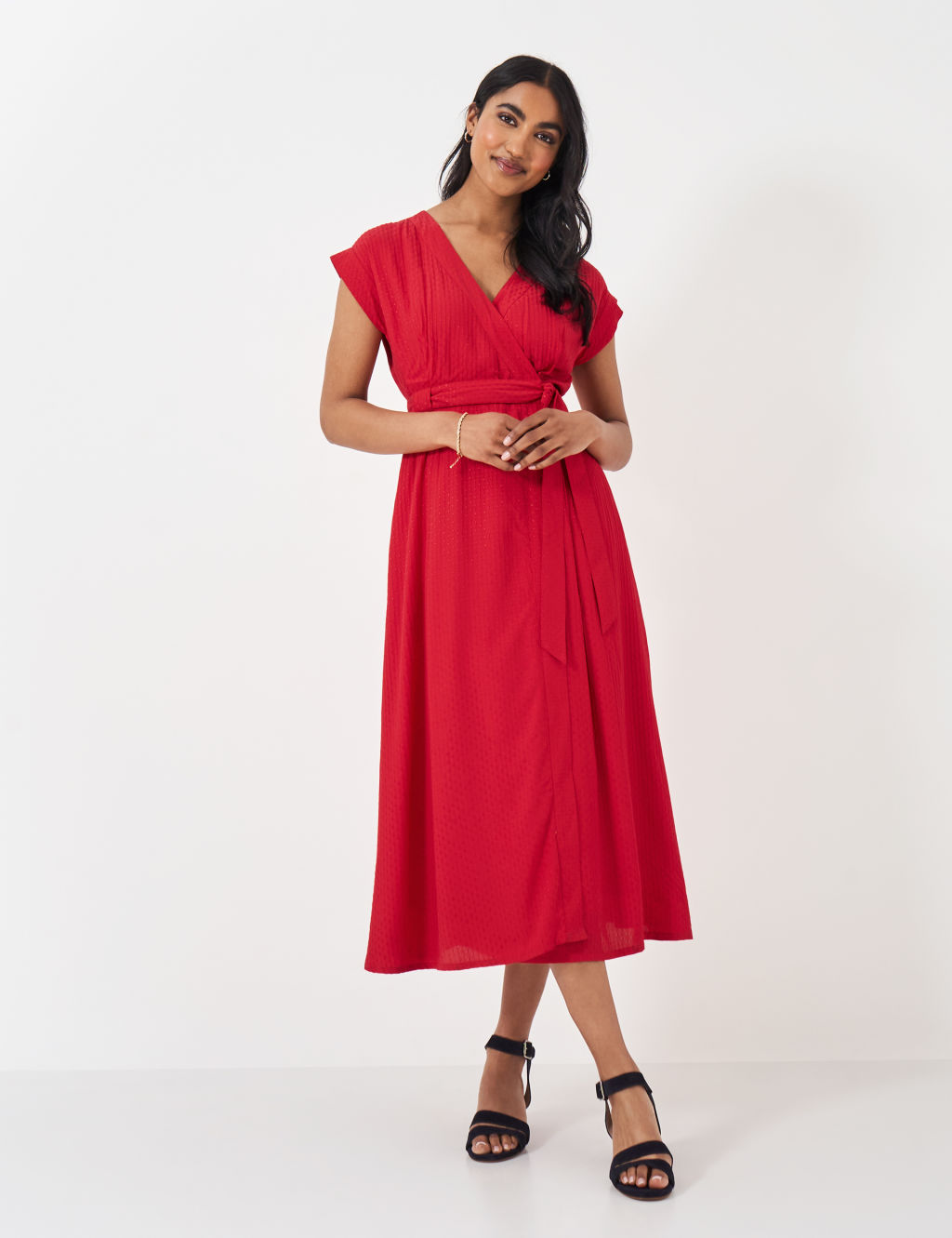 Textured V-Neck Tie Waist Midi Wrap Dress