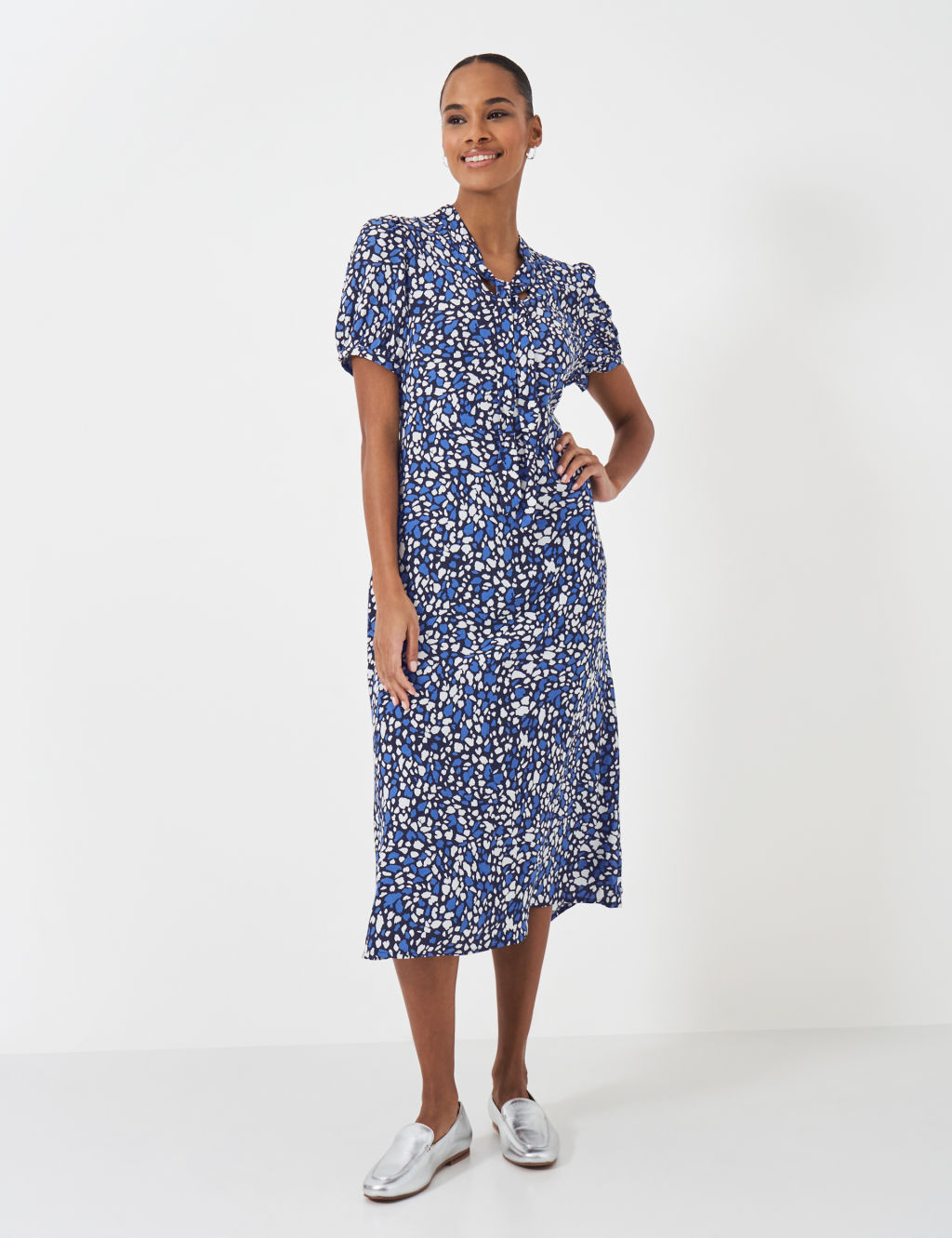 Printed Tie Neck Midi Tea Dress