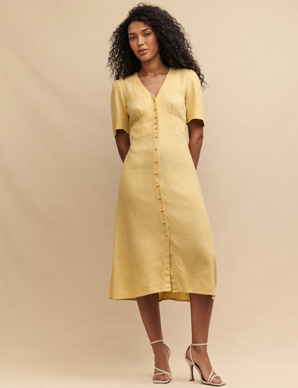 Linen Rich V-Neck Midi Tea Dress