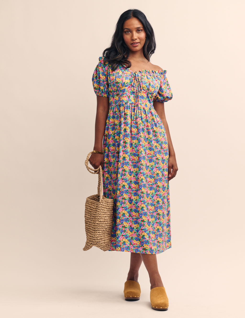 Floral Tie Detail Puff Sleeve Midi Dress