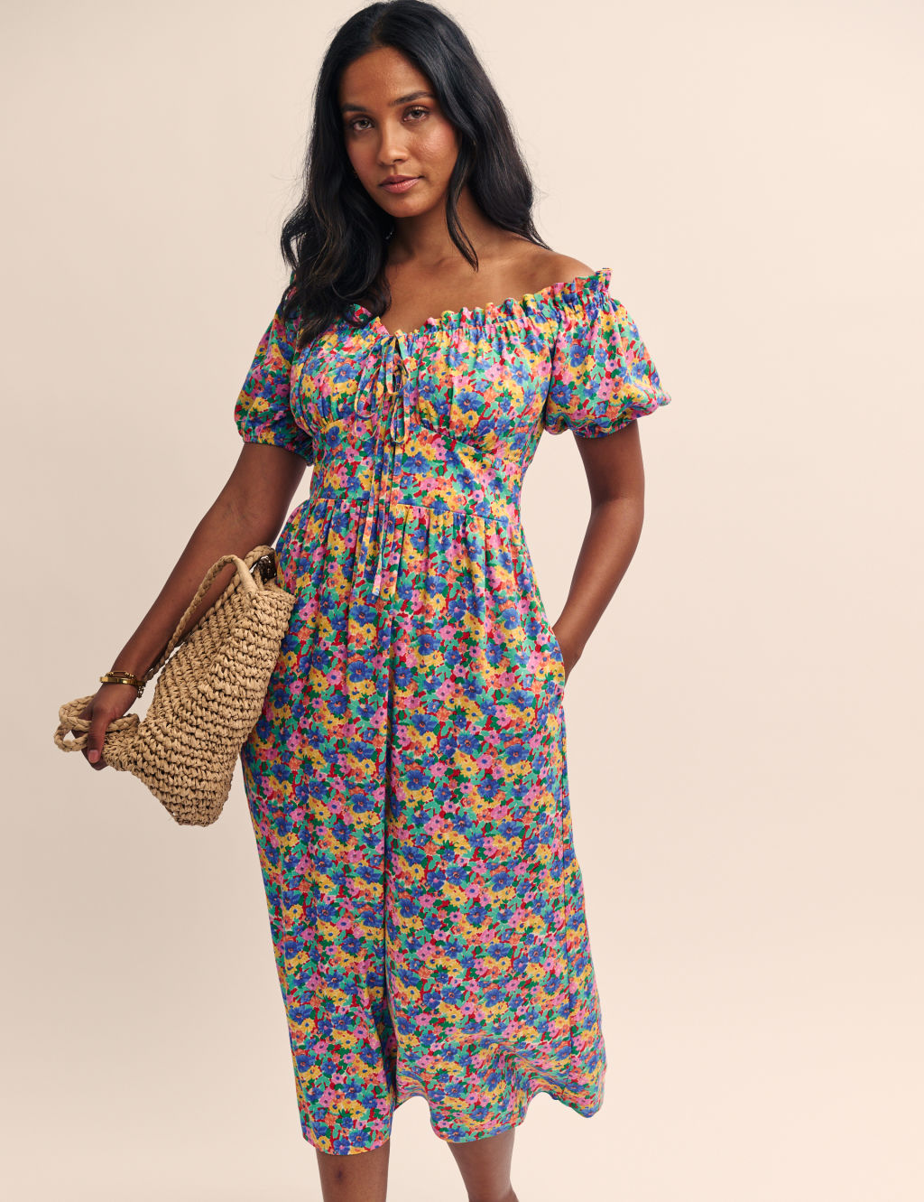 Floral Tie Detail Puff Sleeve Midi Dress 1 of 5