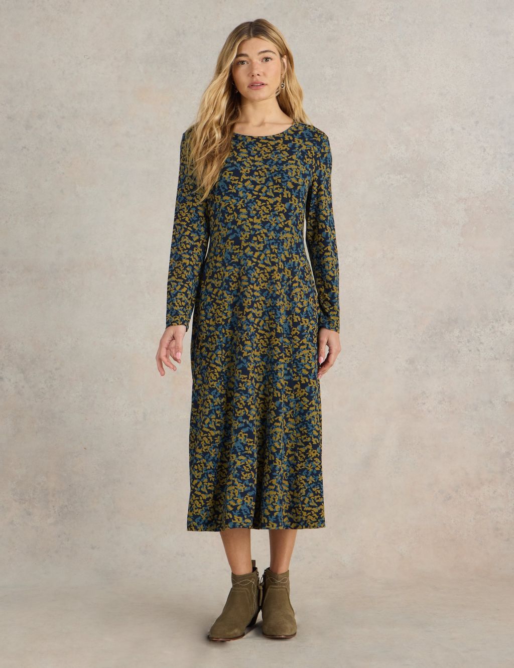 Jersey Printed Slash Neck Midi Tea Dress