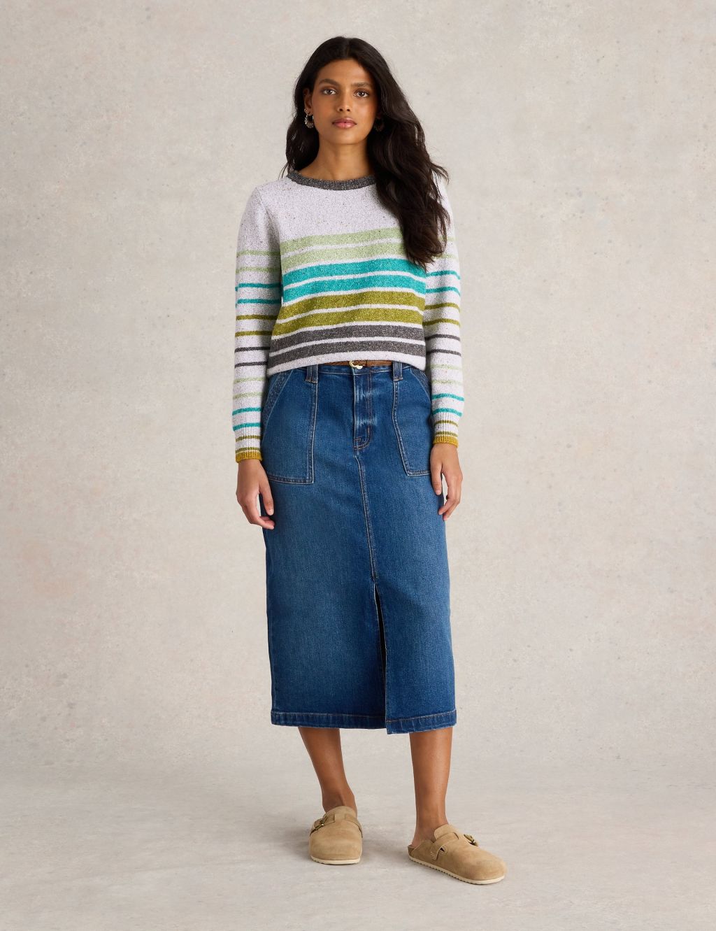 Slash Neck Striped Split Hem Jumper