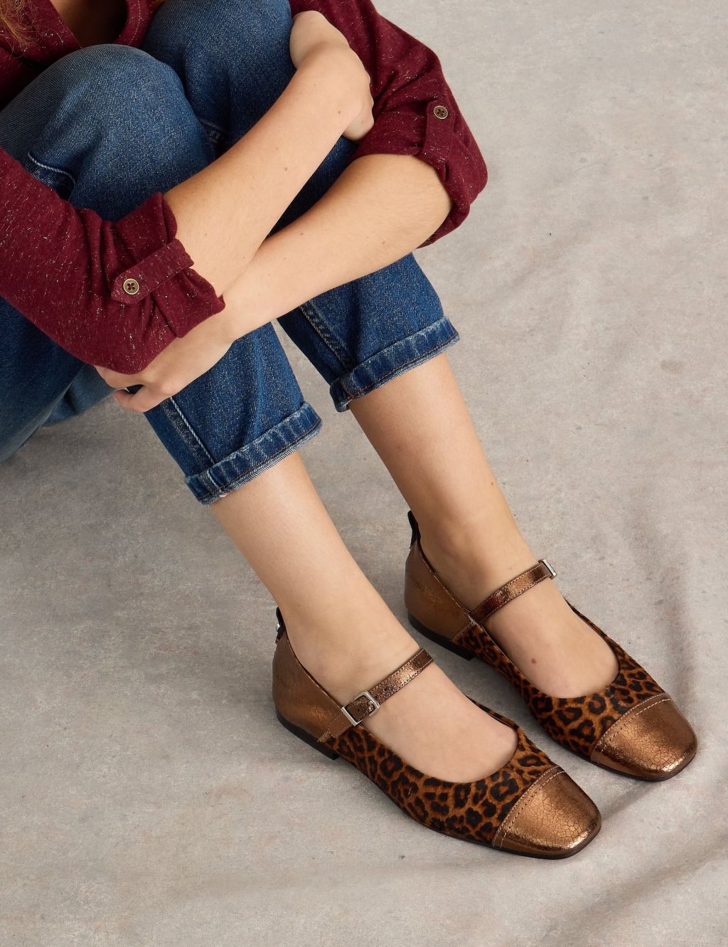 Leather Animal Print Ankle Strap Flat Shoes