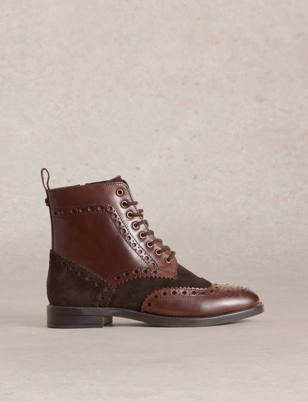 Leather Brogue Block Heel Ankle Boots