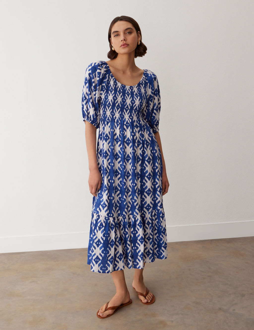 Linen Rich Printed Shirred Midi Tiered Dress | Finery London | M&S