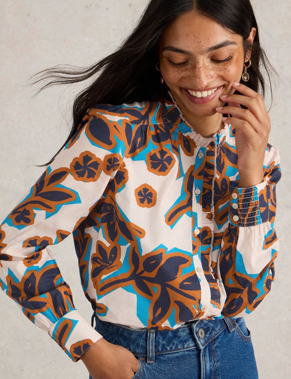 Cotton Rich Printed Frill Detail Shirt