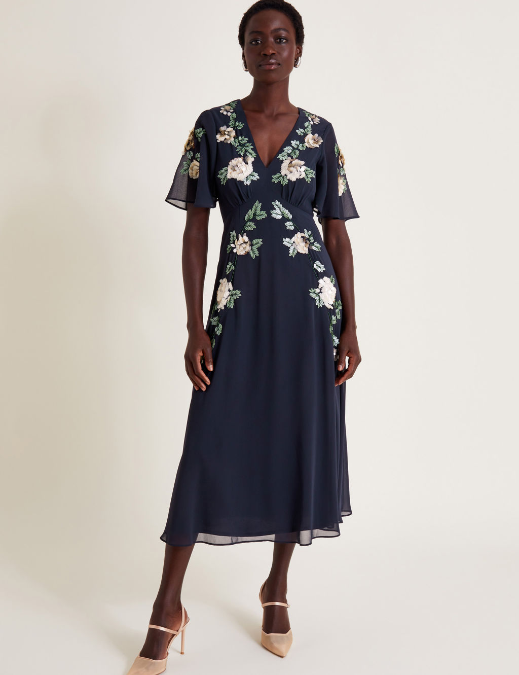 Embroidered Sequin V-Neck Midi Tea Dress | Monsoon | M&S