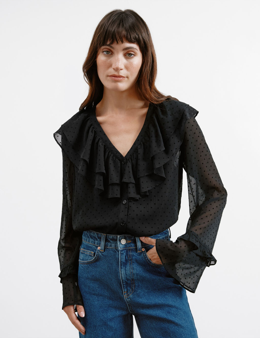 Flocked Spot Ruffle Blouse
