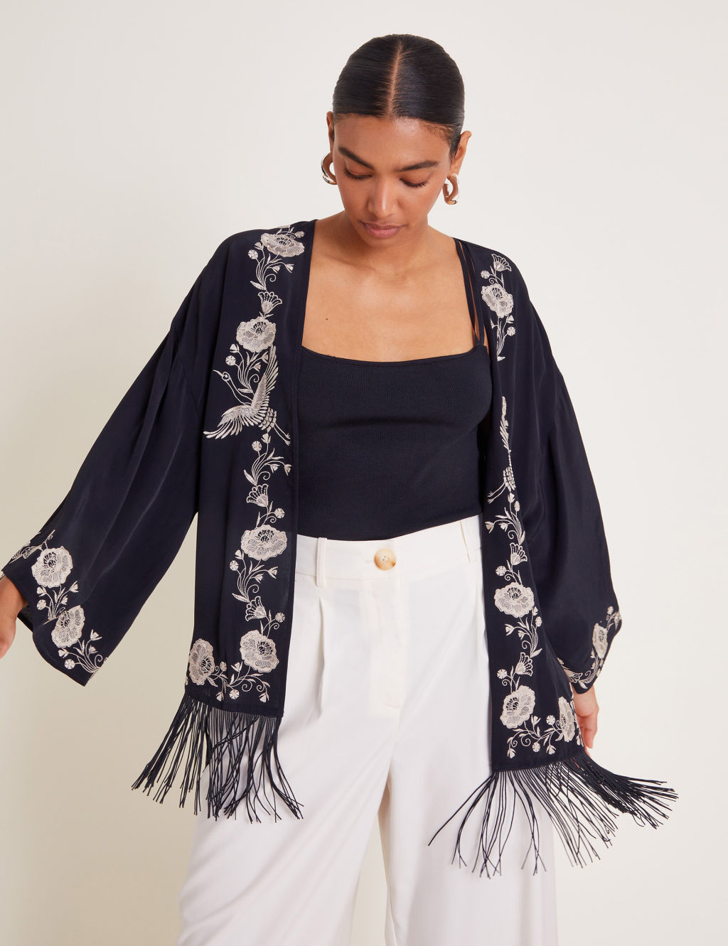 Crepe Embroidered Fringed Shacket